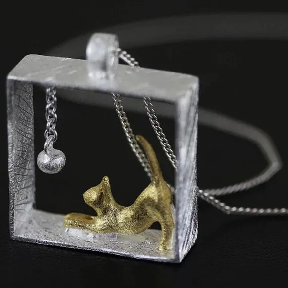 14k Gold Adorable Playing Cat Sterling Silver Necklace
